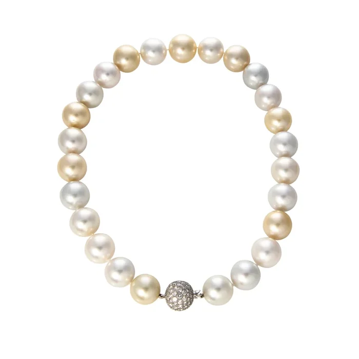 Vintage 3ctw Diamond 18K Gold Ball Clasp & South Sea Pearl Necklace