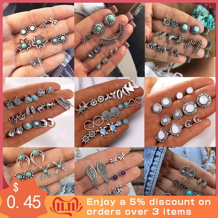 Vintage Geometric Stud Earrings Set For Women Girls 2019 Fashion Bead Stone Flower Small Earrings Boucle d’oreille Femme Gifts