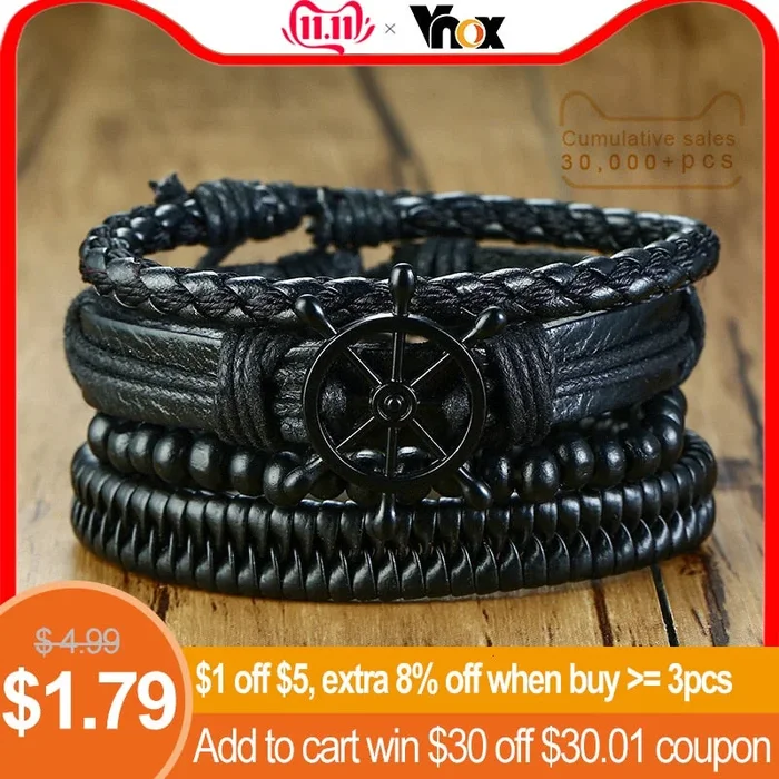 Vnox Mix 4Pcs/ Set Braided Wrap Leather Bracelets for Men Women Vintage Wooden Beads Ethnic Tribal Wristbands Bracelet Rudder