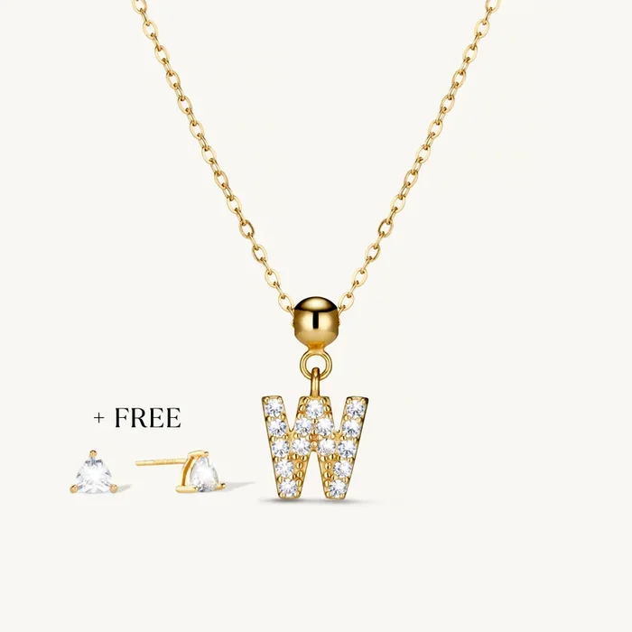 W Diamond Initial Charm Necklace + FREE Diamond Trio Studs Gold