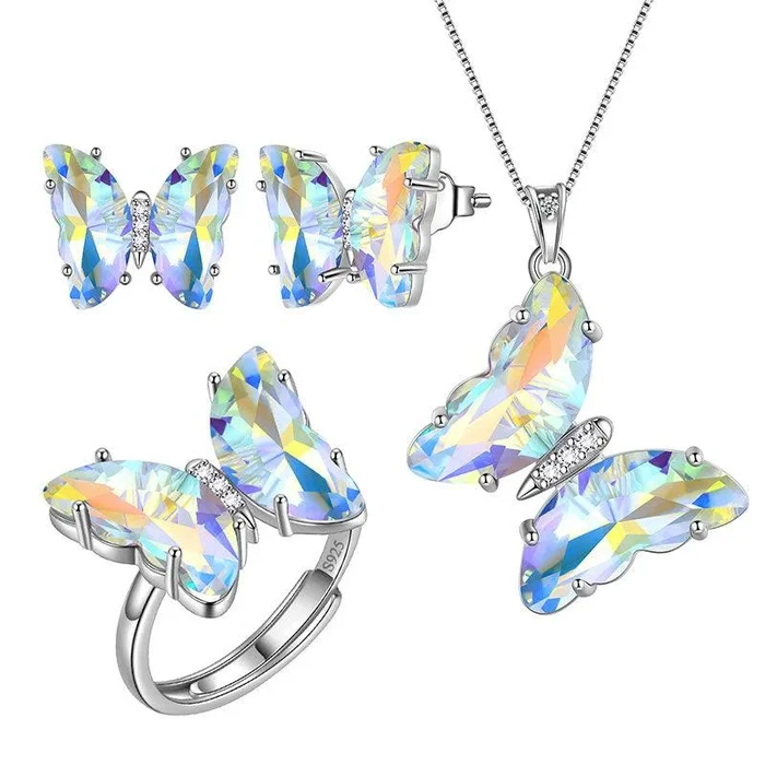 Weißes Schmetterlings-Schmuckset, 4-teilig, Diamant-Geburtsstein für April, für Damen und Mädchen, Geburtstagsgeschenke
