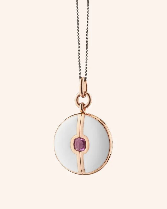 White Enamel and Vermeil Round Locket with Pink Sapphire