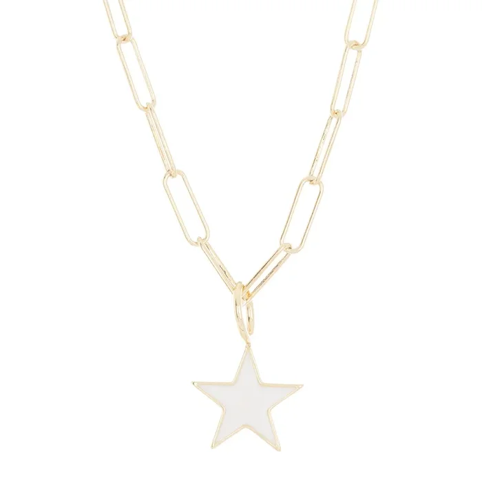 White Enamel Star Paper Clip Chain Necklace silver gold