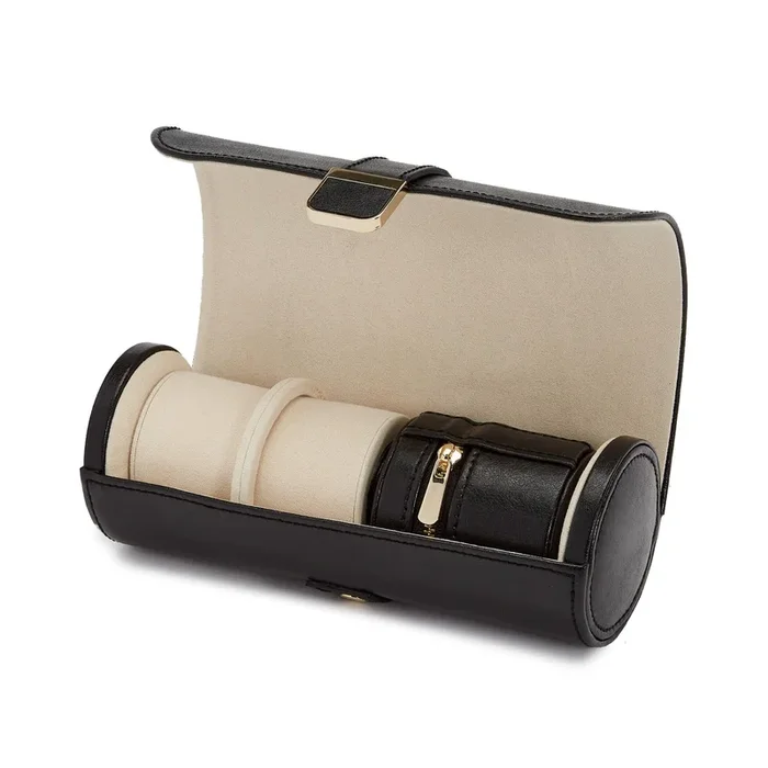 Wolf Palermo watch roll with jewelry pouch in black leather | LEPAGE