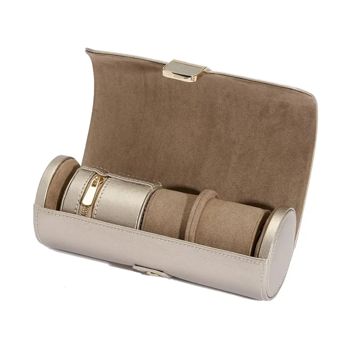 Wolf Palermo watch roll with jewelry pouch in pewter leather | LEPAGE