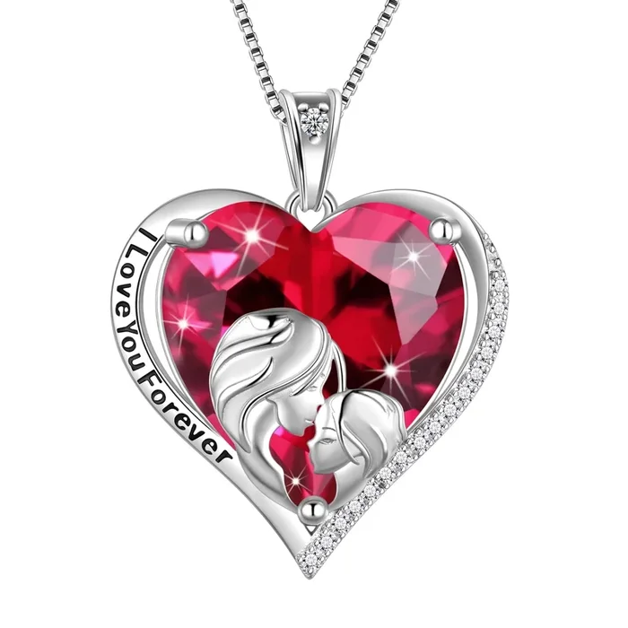 Women Heart Necklace for Mother Daughter 925 Sterling Silver CZ Ruby Birthstone Pendant Jewelry July Birthday Christmas Mother’s Day Gift