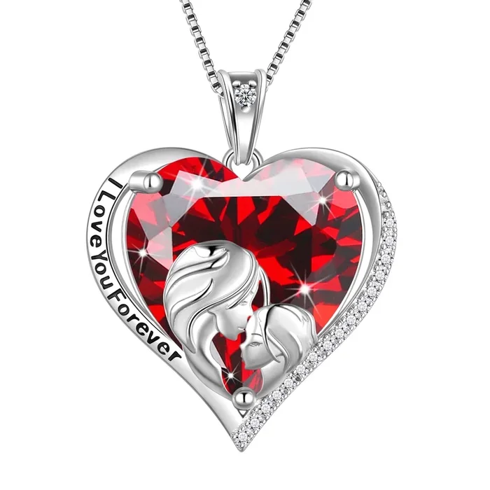 Women Heart Necklace for Mother Daughter 925 Sterling Silver Red Garnet Birthstone Pendant Jewelry January Birthday Christmas Mother’s Day Gift