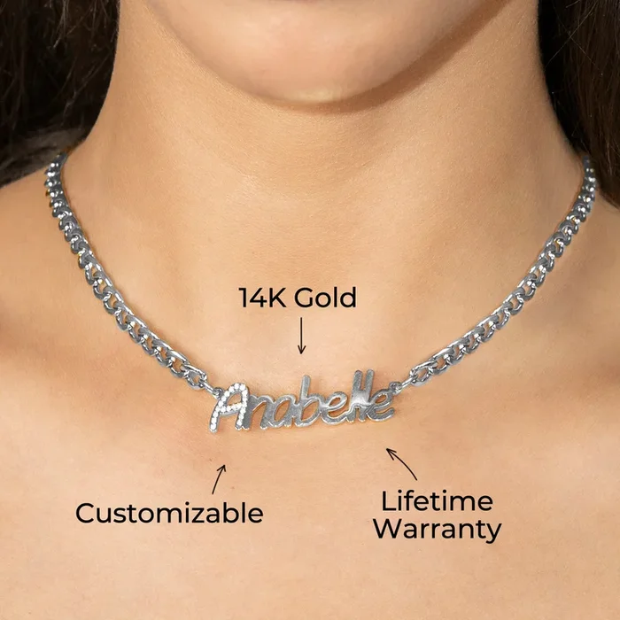 Women Jewelry – White Gold Iced Out VVS Name Necklace | Style # N44