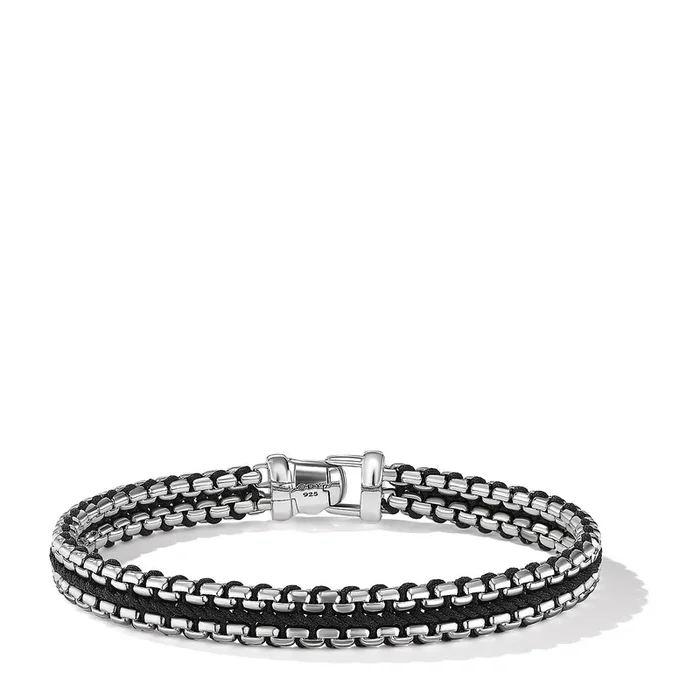Woven Box Chain Bracelet in Sterling Silver with Black Nylon, 10mm