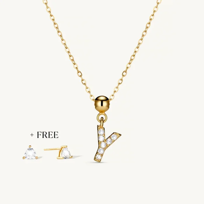 Y Diamond Initial Charm Necklace + FREE Diamond Trio Studs Gold