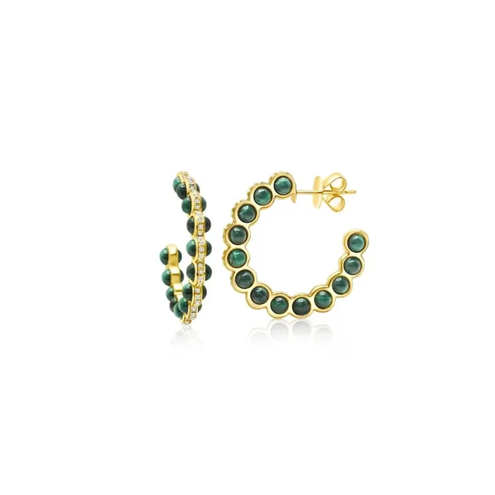Yellow Gold Malachite & Diamond Hoop Earrings
