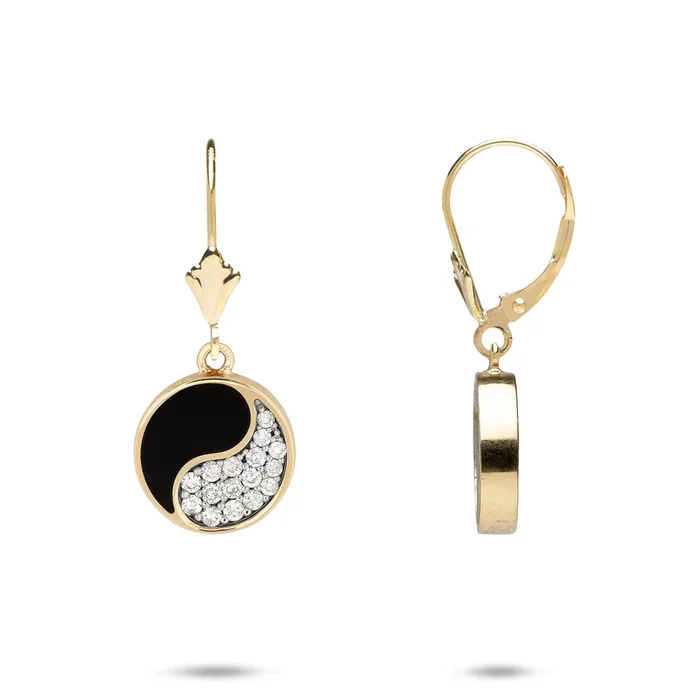 Yin Yang Black Coral Earrings in Gold with Diamonds – 12mm