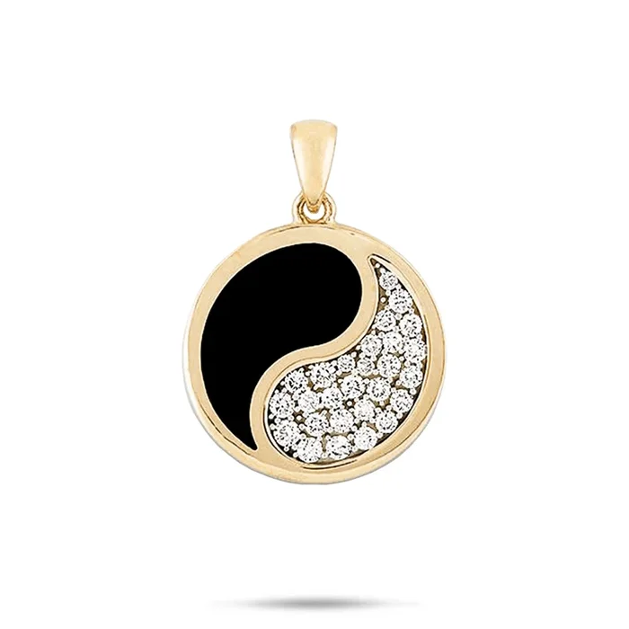 Yin Yang Black Coral Pendant in Gold with Diamonds – 22mm